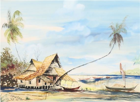 Beachside Hut with Boats in the Foreground by Yong Mun Sen, 1949