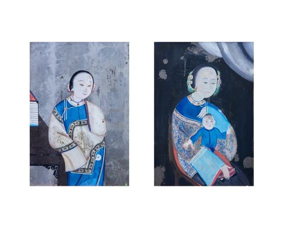 Two Chinese reverse glass paintings of Lady and boy
