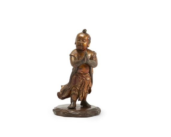 A Chinese gilt-lacquered wood figure of Sudhana, shancai jin tongzi