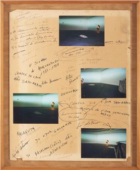 A framed mixed-media collage featuring four small photographs of minimalist interior spaces and extensive handwritten Portuguese text.