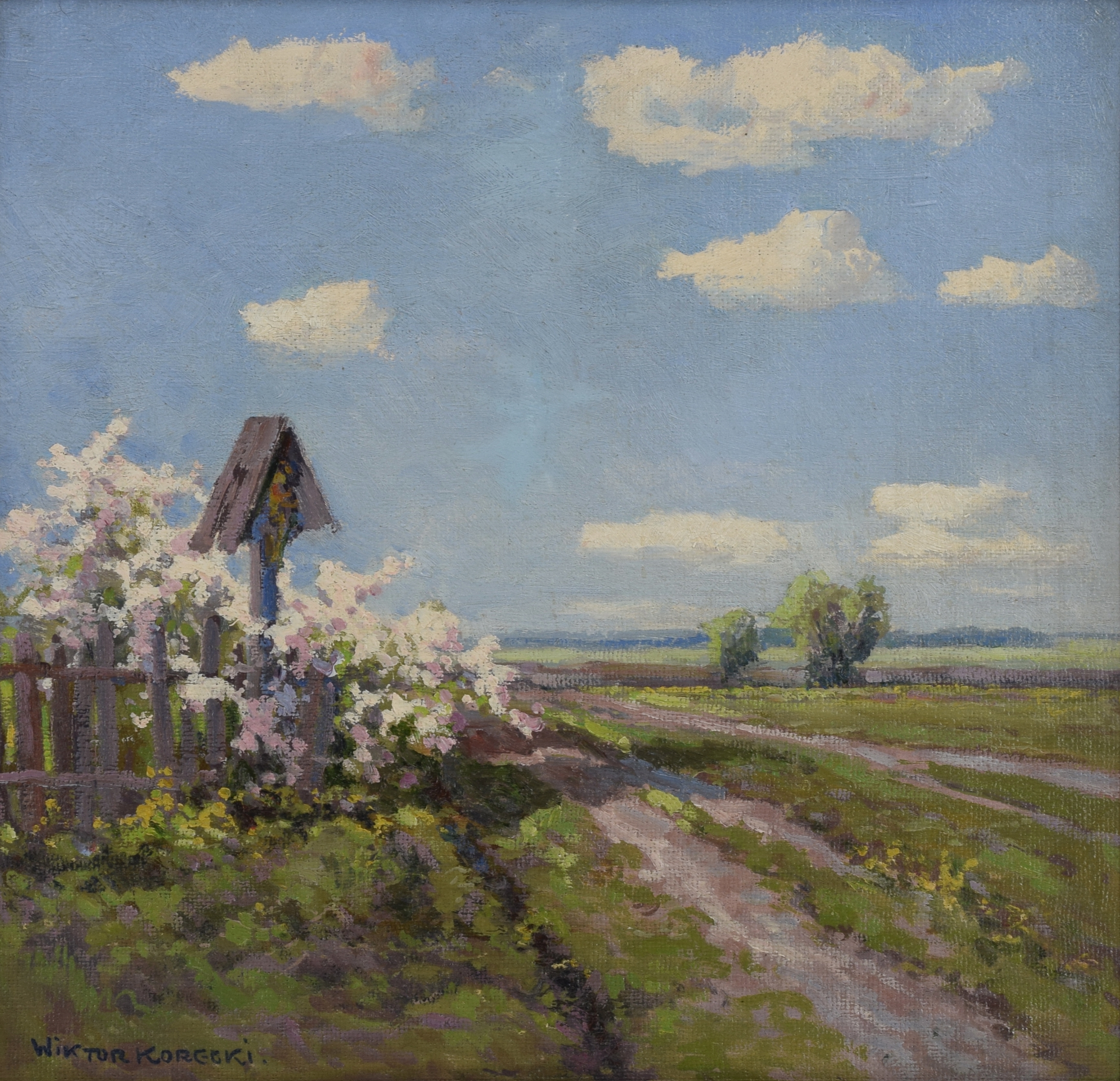 Artwork by Wiktor Korecki, Kapliczka przy polnej drodze, Made of Olej, Tektura Fakturowana