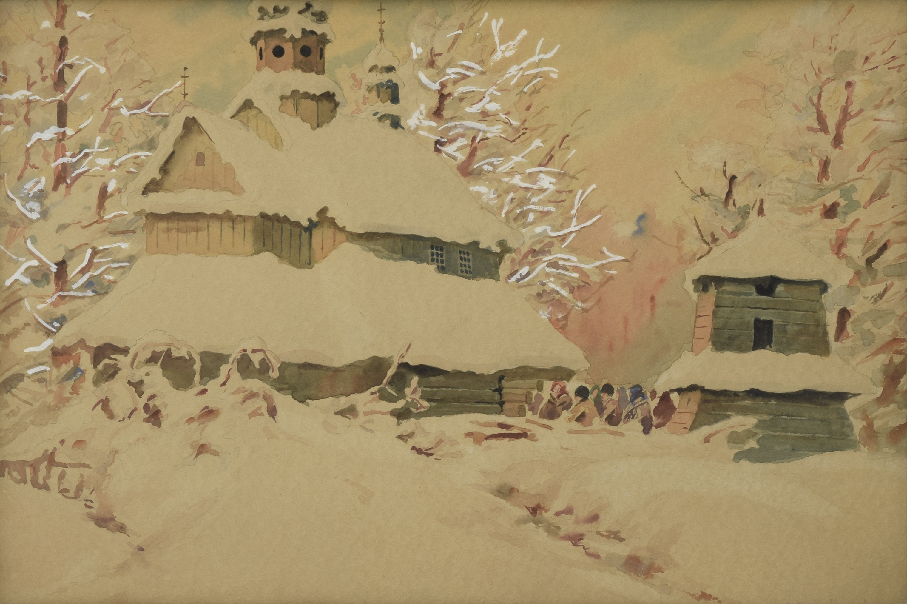 Artwork by Stanisław Kosiński, Przed cerkwiÄ, Made of Akwarela Na Podrysowaniu OåÃ³Wkiem, Papier