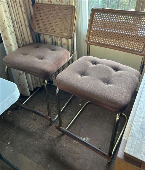 Pair Of Mid Century Caned & Upholstered Cantilever Counter Stools - Marcel Breuer