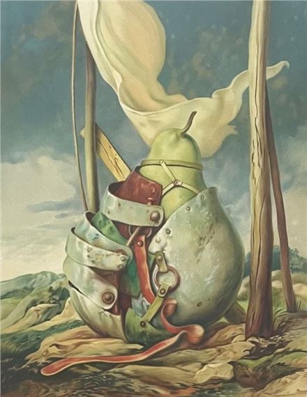 Pear in the landscape by Samuel Bak