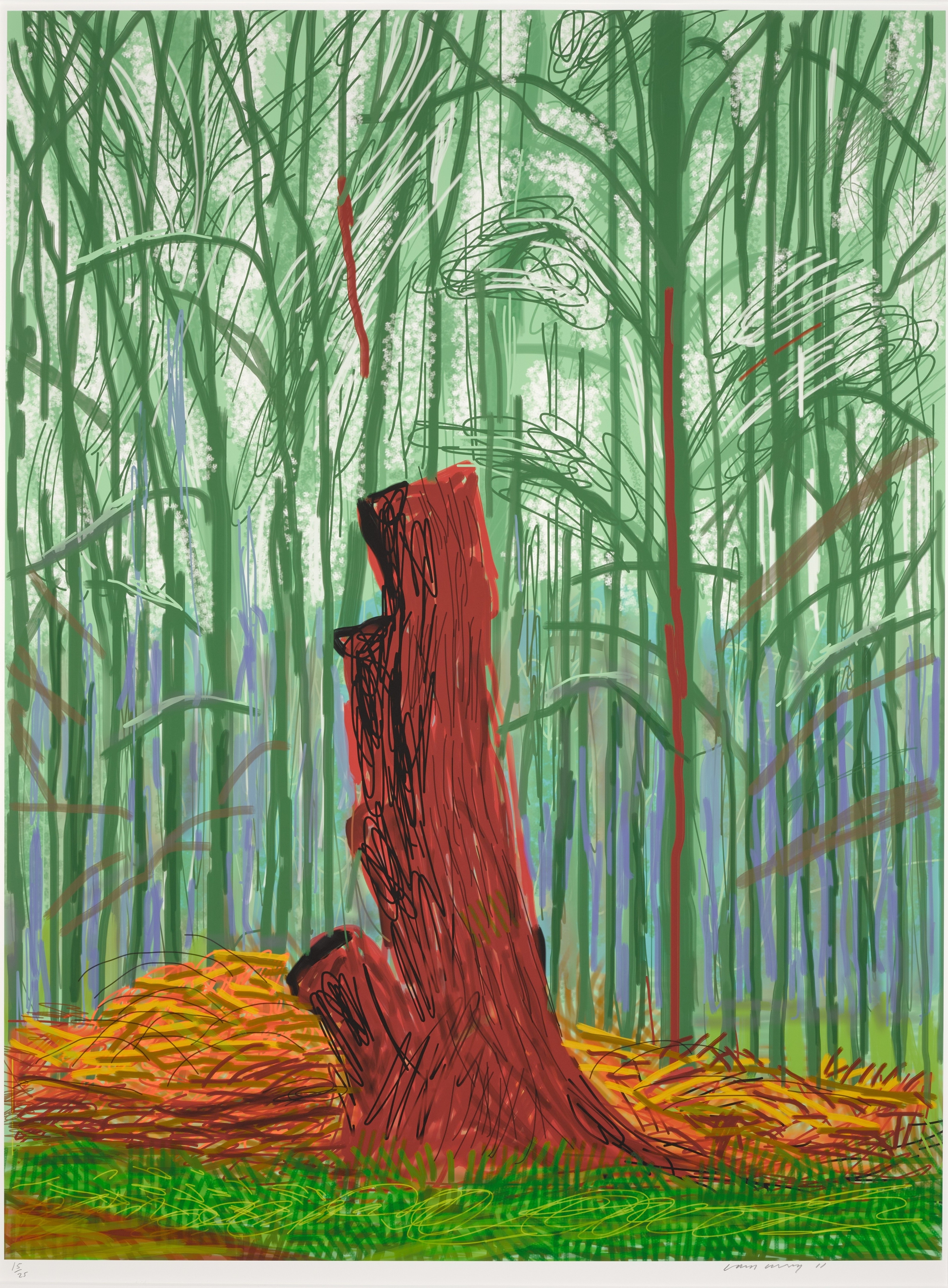 Artwork by David Hockney, The Arrival of Spring in Woldgate, East Yorkshire in 2011 (twenty eleven) - 25 February, Made of iPad drawing printed in colors