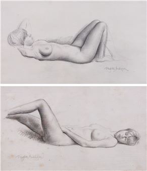A diptych of two nude figures in relaxed poses, rendered in soft graphite with a focus on anatomical study.