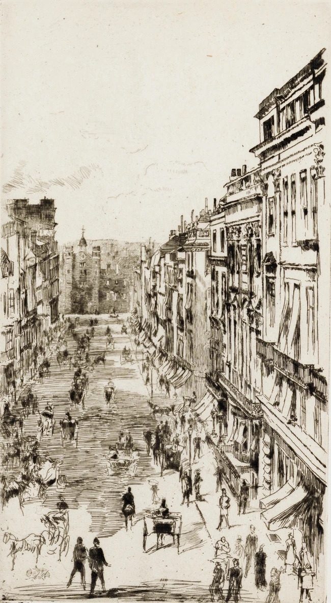 Artwork by James Abbott McNeill Whistler, St James's Street, Evening, Made of Etching And Drypoint On Laid Paper