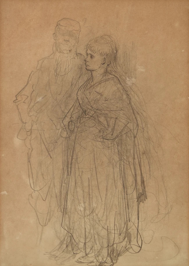 Artwork by Gustave Doré, Study of a man wearing a cap and a woman in a long dress, Made of Black Chalk On Paper