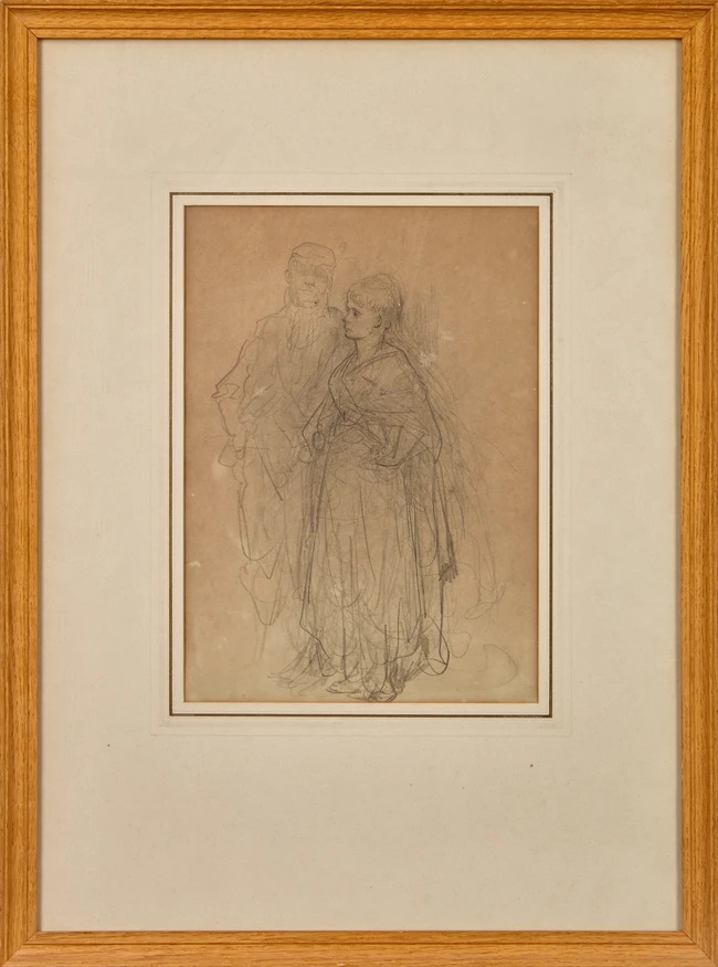 Artwork by Gustave Doré, Study of a man wearing a cap and a woman in a long dress, Made of Black Chalk On Paper