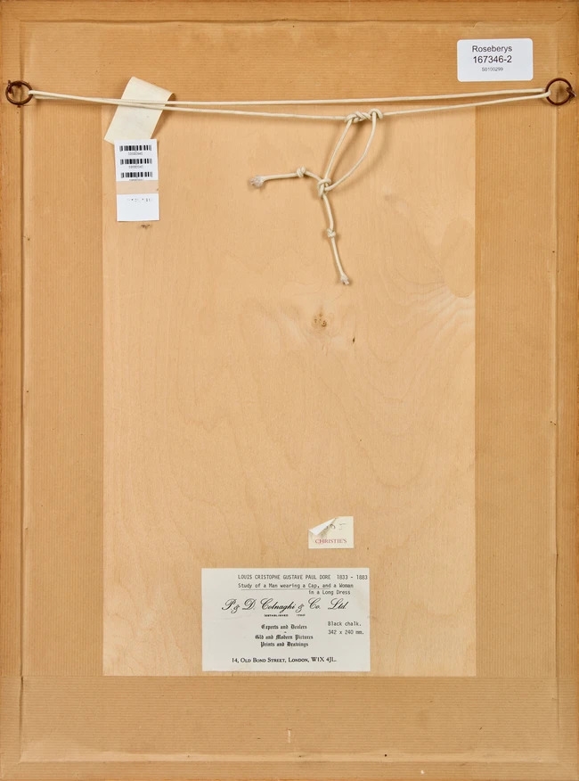 Artwork by Gustave Doré, Study of a man wearing a cap and a woman in a long dress, Made of Black Chalk On Paper