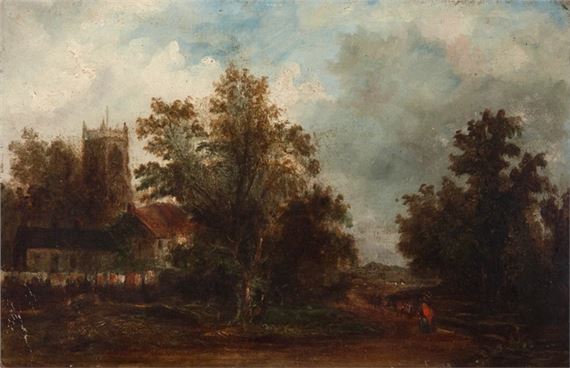 A wooded landscape with a church and figure - John Constable