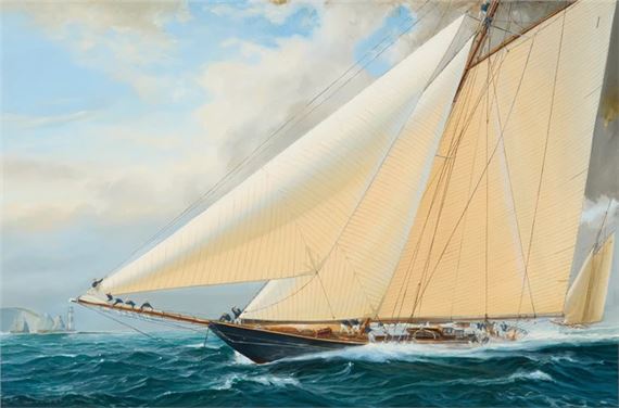 A classic sailing vessel cutting through choppy waters under a bright sky.