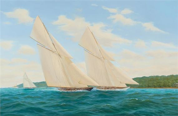A serene seascape featuring two large sailing vessels with billowing white sails against a calm blue sea and distant shoreline.