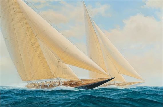 A classic sailing yacht with billowing white sails cutting through choppy blue waters under a bright sky.