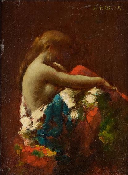 Study of a woman, seated, wearing a colourful blanket - Jean-Jacques Henner