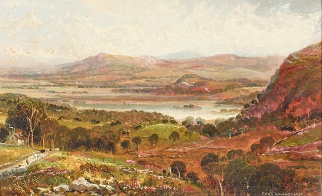 Artwork by Charles Edmund Rowbotham, View of a lake in a mountainous landscape, Made of Oil On Board