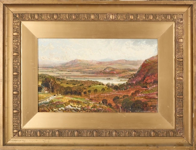 Artwork by Charles Edmund Rowbotham, View of a lake in a mountainous landscape, Made of Oil On Board