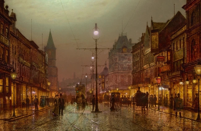 Artwork by Louis Hubbard Grimshaw, View of Briggate, Leeds at Night, Made of Oil On Board