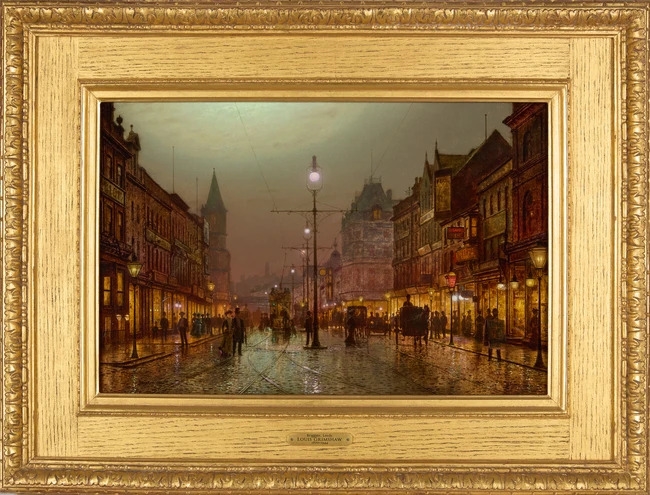 Artwork by Louis Hubbard Grimshaw, View of Briggate, Leeds at Night, Made of Oil On Board