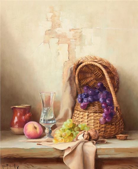 Still life with a basket of grapes, walnuts, a peach, and a glass on a ledge - Robert Chailloux