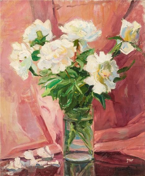 Floral still life, with white peonies in a glass vase - Maurice de Vlaminck