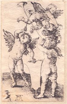 Three putti with trumpets, shield and helmet - Albrecht Dürer