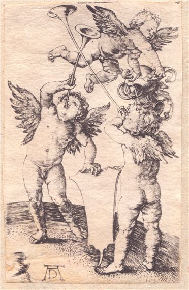 Three putti with trumpets, shield and helmet