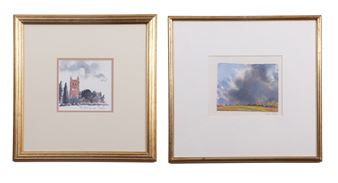 Two framed watercolor landscapes depicting a church and a dramatic sky.