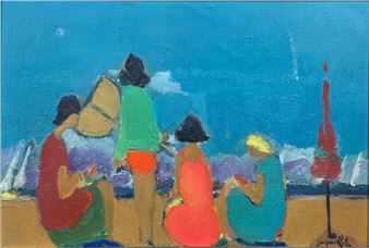 A colorful painting of four figures on a beach at night, with a red umbrella and sailboats in the background.