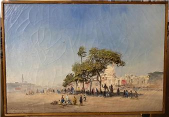 A hazy landscape painting of a crowded public space with trees and distant architecture.