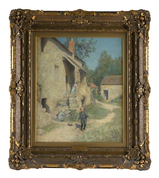 A woman and two children in a courtyard by Stephen Thomas, 1890