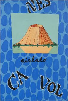 A graphic illustration of a stylized volcano against a blue patterned background with bold text elements.