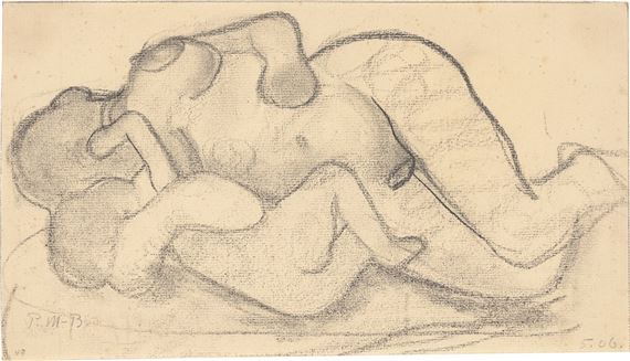Liegender weiblicher Akt mit Säugling im Arm by Paula Modersohn-Becker, 1906