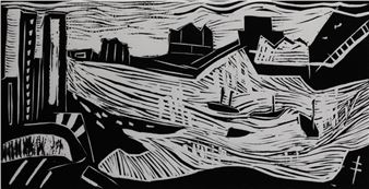 A high-contrast woodcut print depicting a stylized harbor scene with buildings and boats.