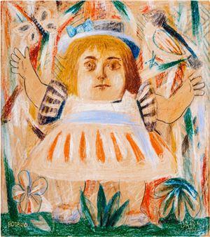 Girl in Garden with Butterfly and Net - Fernando Botero