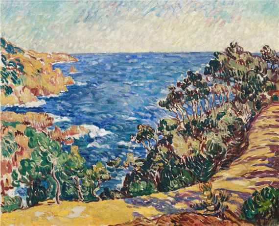 A painting of a view of the ocean from a hill.