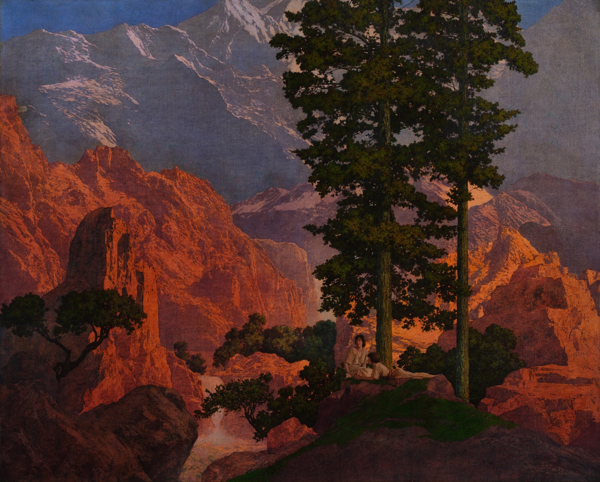 Artwork by Maxfield Parrish, Solitude (Girls Viewing a Magnificent Landscape, Made of oil on canvas laid down on board