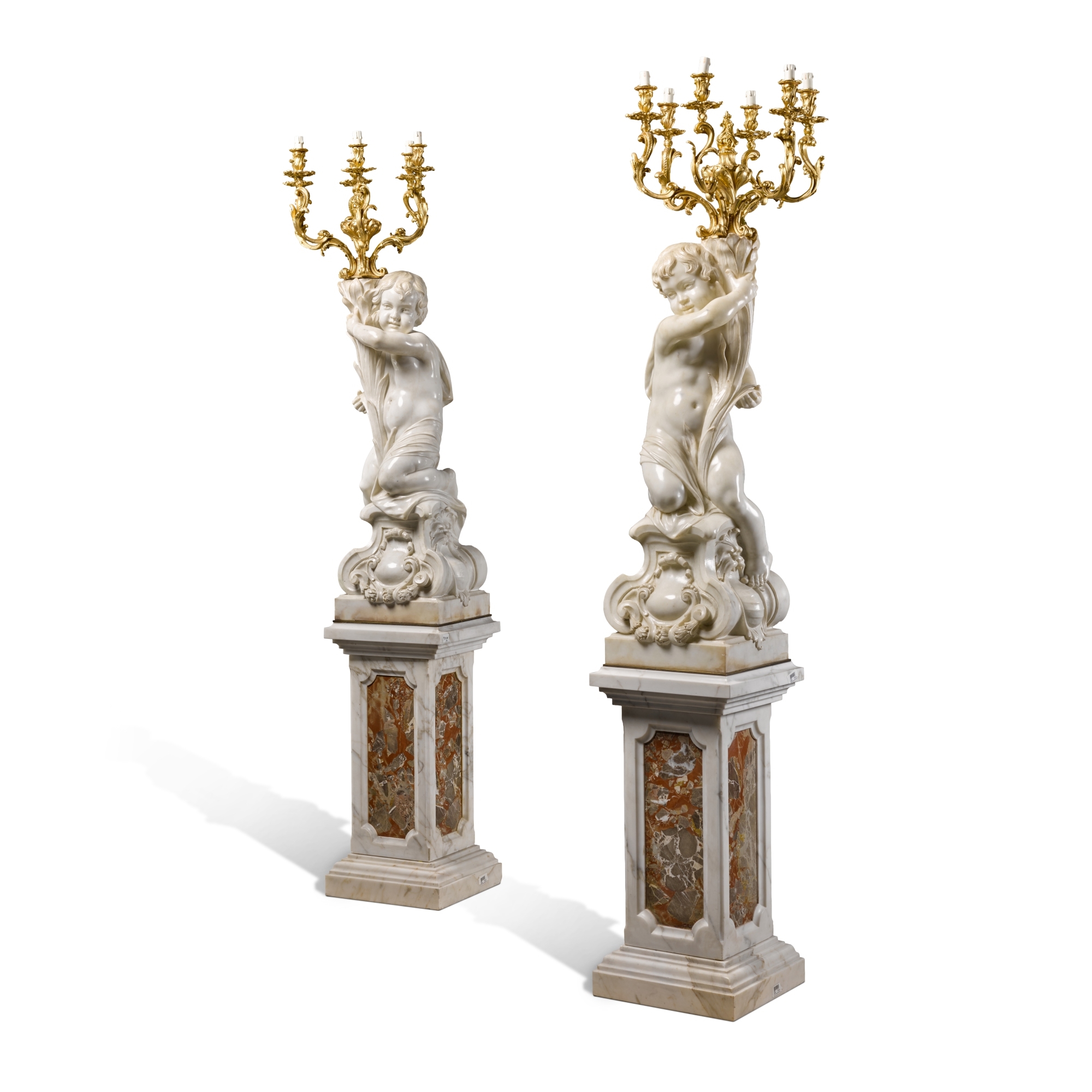 French School | A pair of French white marble and gilt-bronze figural ...
