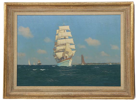 A seascape painting featuring a large sailing ship dominating the center against a calm blue sea and sky.