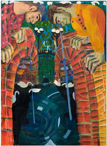 A surreal painting of two figures leaning over a bridge, looking down at a dark waterway with swans.