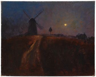 A nocturnal landscape featuring a windmill under a moonlit sky.