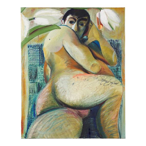 A nude figure in a reclining pose, partially obscured by white flowers and rendered in expressive, textured brushwork.