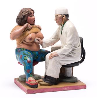 A figurative sculpture depicting a medical consultation scene between two figures.