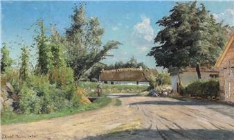 A sunny street with a woman walking by a thatched house