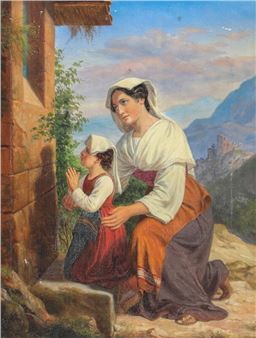 An Italian woman and child by a roadside shrine