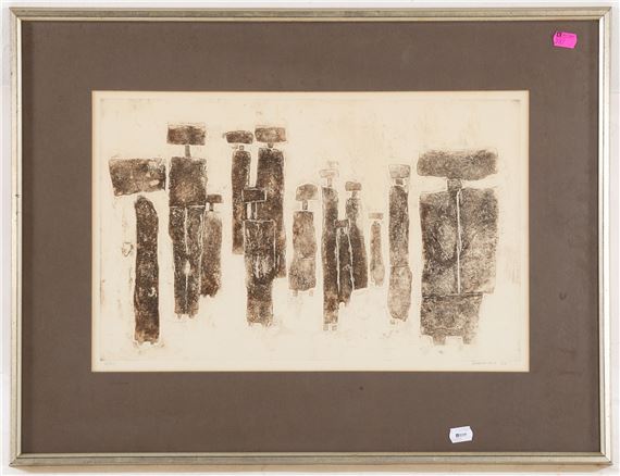A framed print featuring a row of abstract, blocky figures in earth tones against a neutral background.