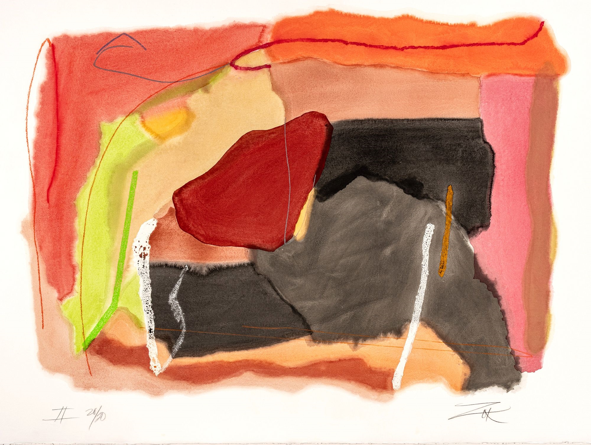 Artwork by Larry Zox, Untitled, Made of Mixed Media, Watercolor Pochoir, And Oil Stick Wax, Water-Based Crayons, On Heavy Arches Museum Watercolor Rag Paper