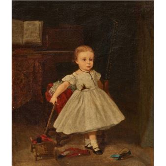 Porträt eines Mädchens mit Puppenwagen. - Benjamin Vautier the Elder