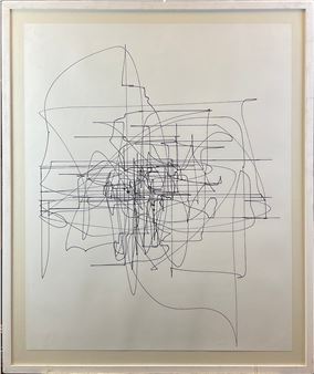 A minimalist line drawing of a face in profile, rendered with intersecting straight and curved lines.