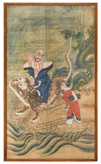 Study of lohan riding a tiger, a young boy at his side, on a promontory beside a river - Chinese School, 19th Century